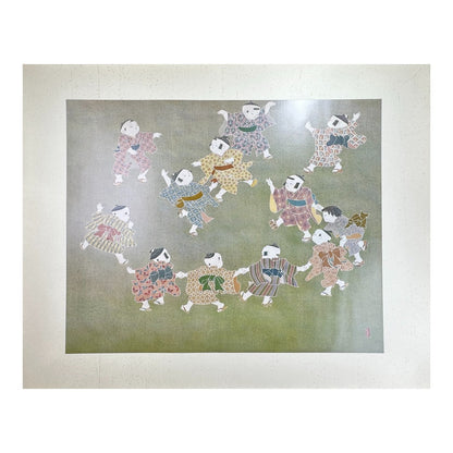 Yusui Toku Unai Series Kon Genzai Seppō 今現在説法 1978 Showa Japanese woodblock print of children dancing in a circle, Buddhist present teaching theme, Kaga Yuzen style on washi paper