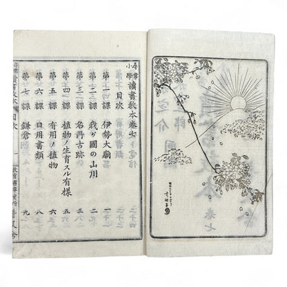 Antique Japanese textbook Fukyusha Meiji era geography and reading lessons with colored map