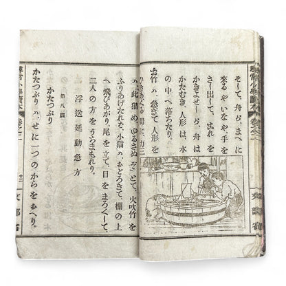 Antique Japanese schoolbook woodblock illustrations cats children and clock Meiji textbook
