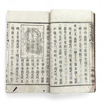 Antique Japanese schoolbook woodblock illustrations cats children and clock Meiji textbook