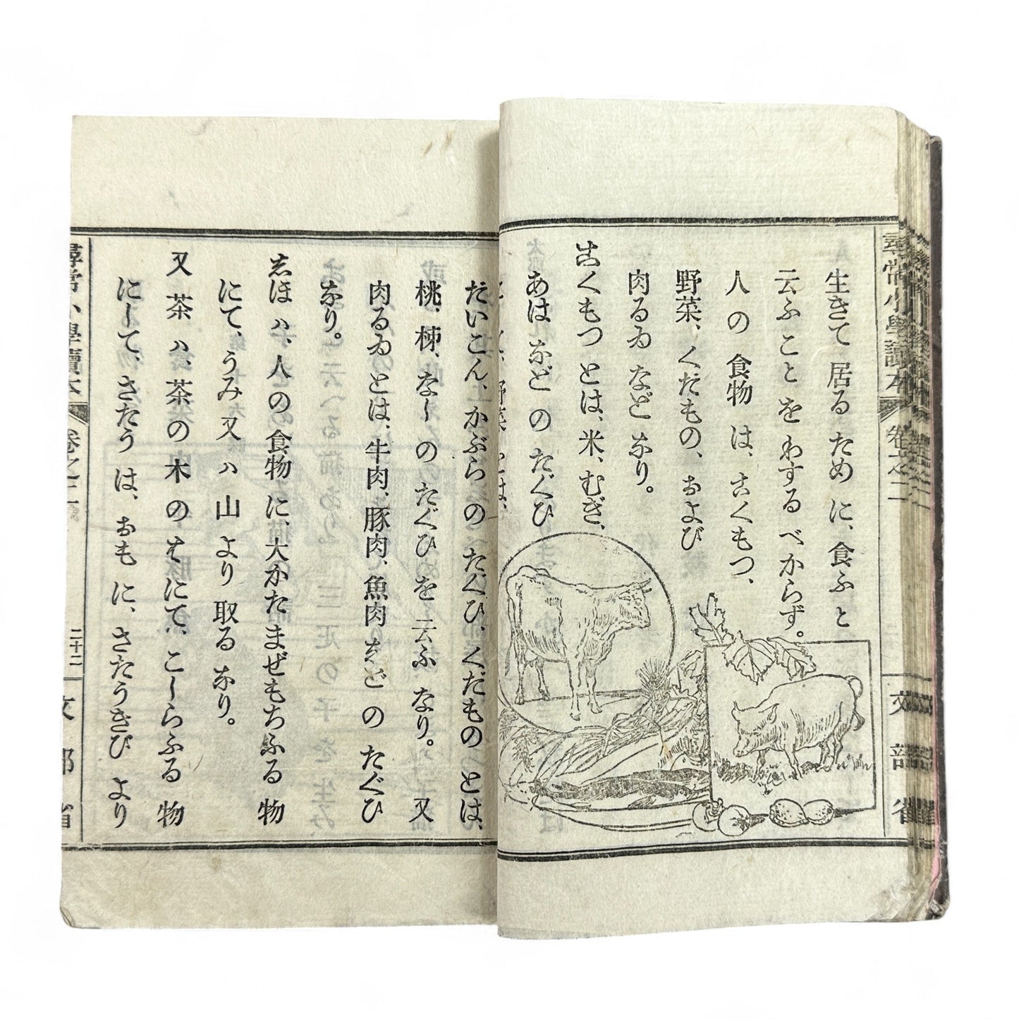 Antique Japanese schoolbook woodblock illustrations cats children and clock Meiji textbook