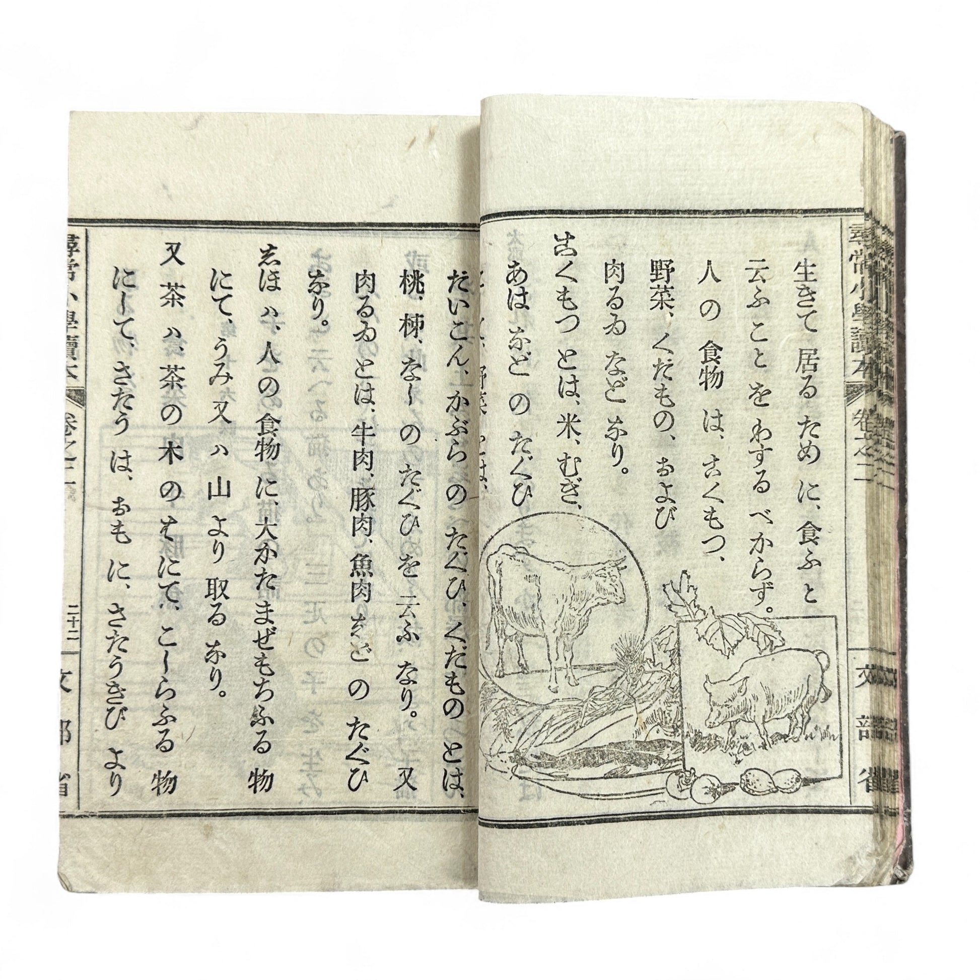 Antique Japanese schoolbook woodblock illustrations cats children and clock Meiji textbook