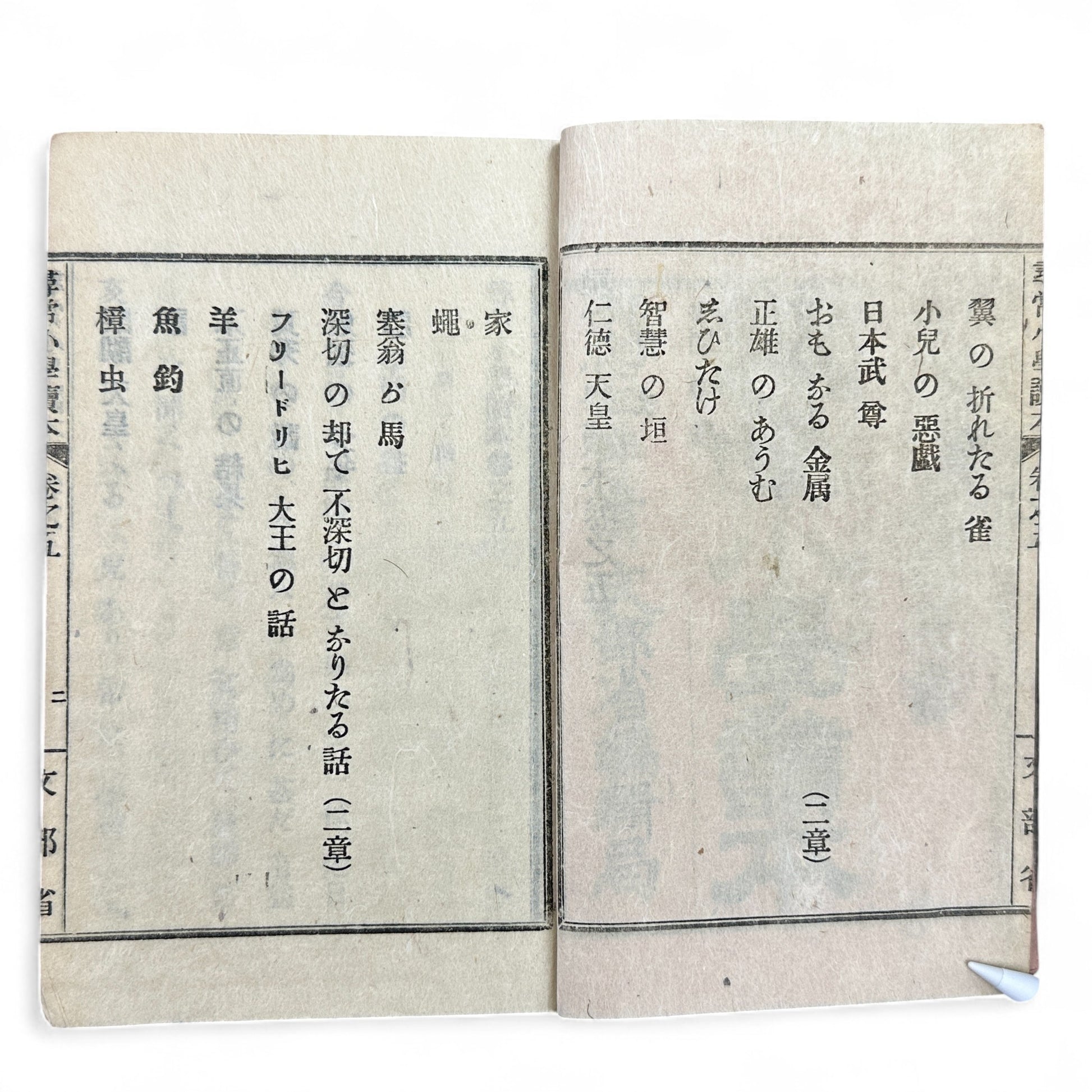 Meiji 1899 Japanese elementary school reader Jinjō Shōgaku Tokuhon Vol. 5 Ministry of Education pink cover with woodblock illustrations and washi pages.