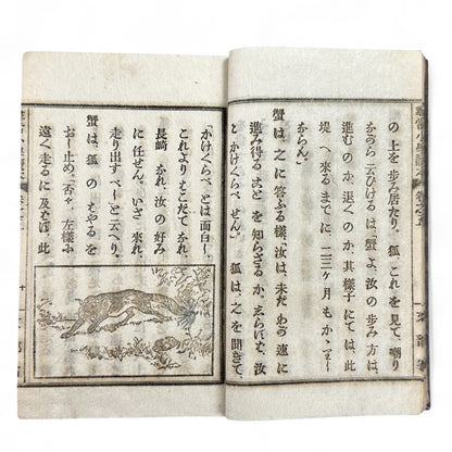 Meiji 1899 Japanese elementary school reader Jinjō Shōgaku Tokuhon Vol. 5 Ministry of Education pink cover with woodblock illustrations and washi pages.