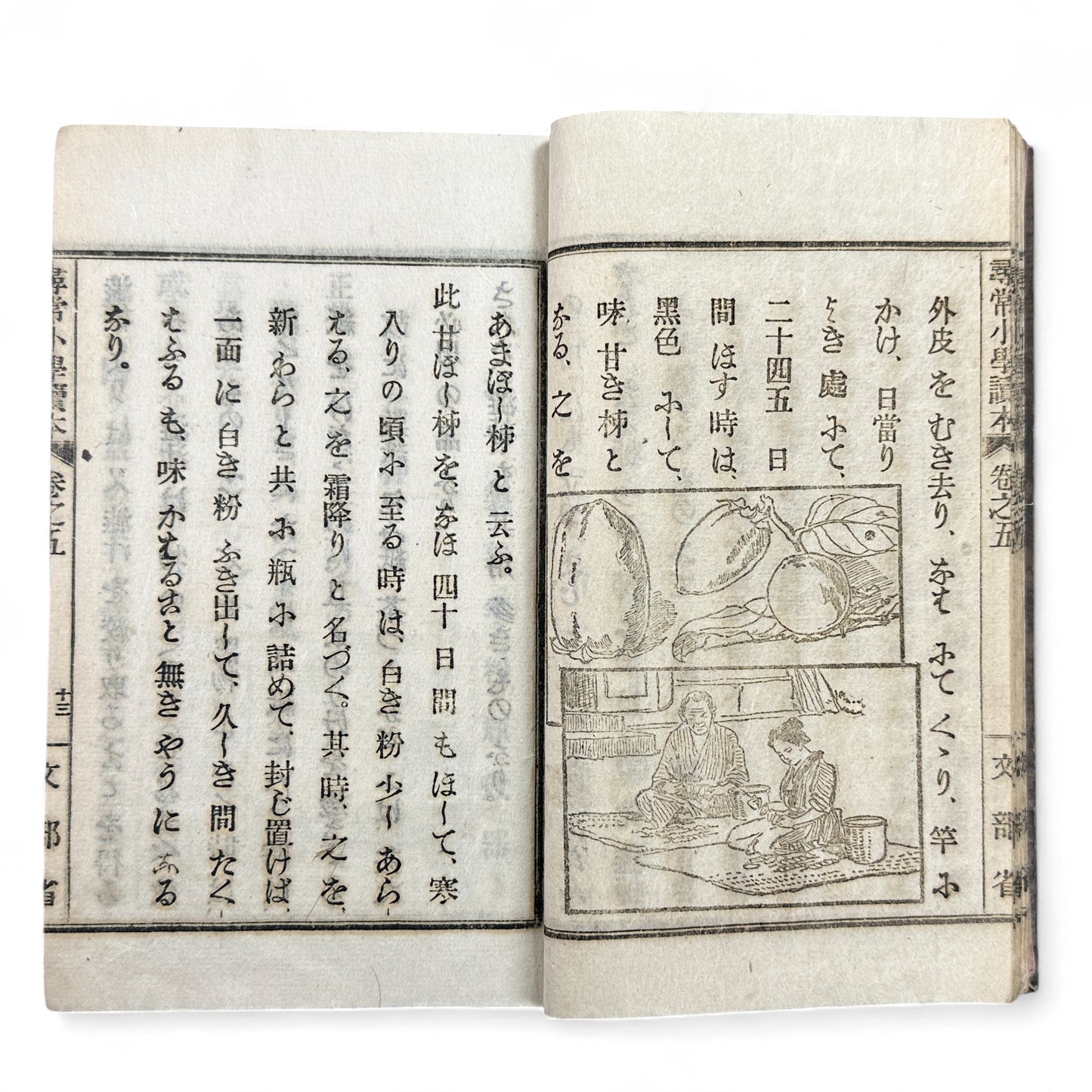 Meiji 1899 Japanese elementary school reader Jinjō Shōgaku Tokuhon Vol. 5 Ministry of Education pink cover with woodblock illustrations and washi pages.