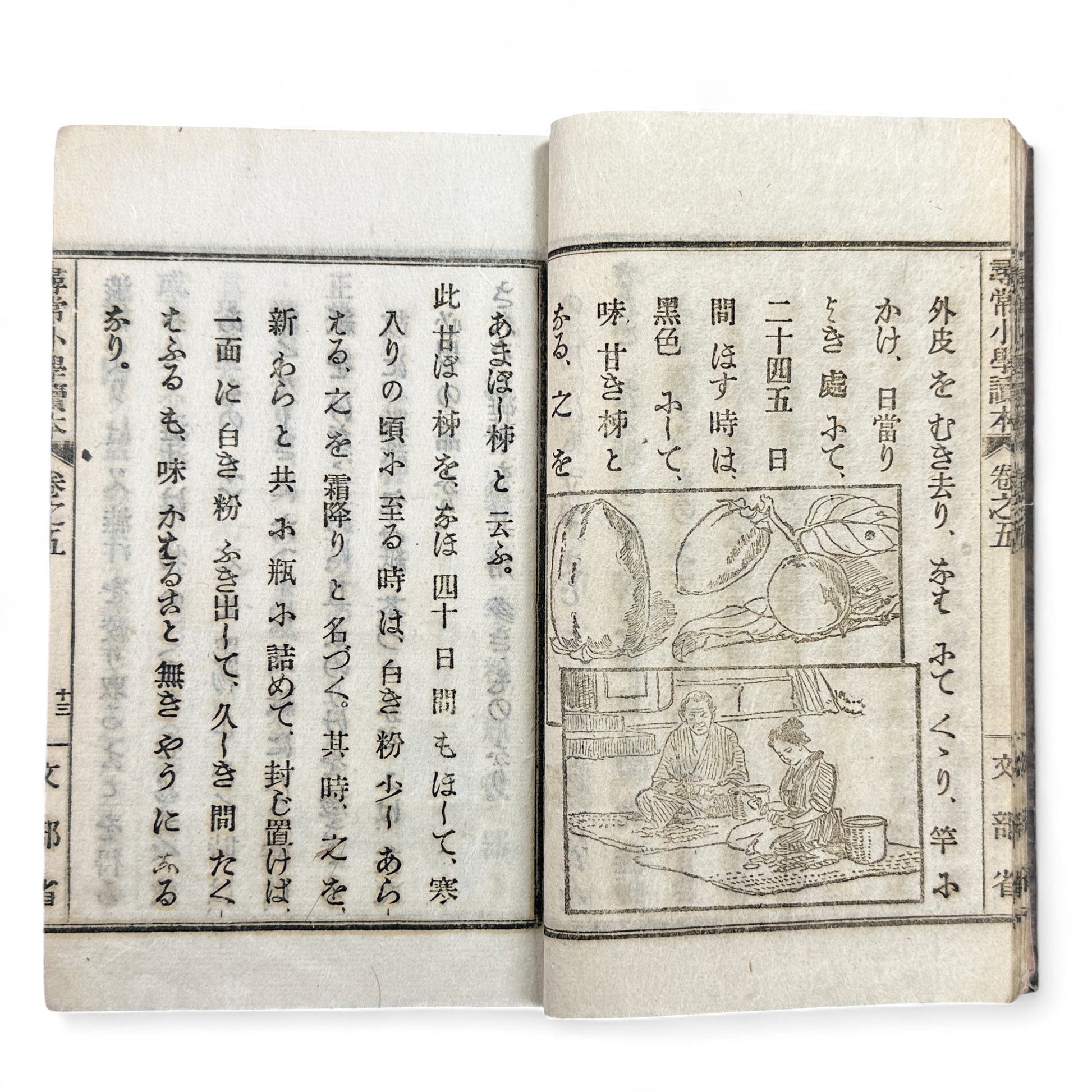 Meiji 1899 Japanese elementary school reader Jinjō Shōgaku Tokuhon Vol. 5 Ministry of Education pink cover with woodblock illustrations and washi pages.