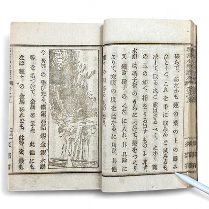 Meiji 1899 Japanese elementary school reader Jinjō Shōgaku Tokuhon Vol. 5 Ministry of Education pink cover with woodblock illustrations and washi pages.