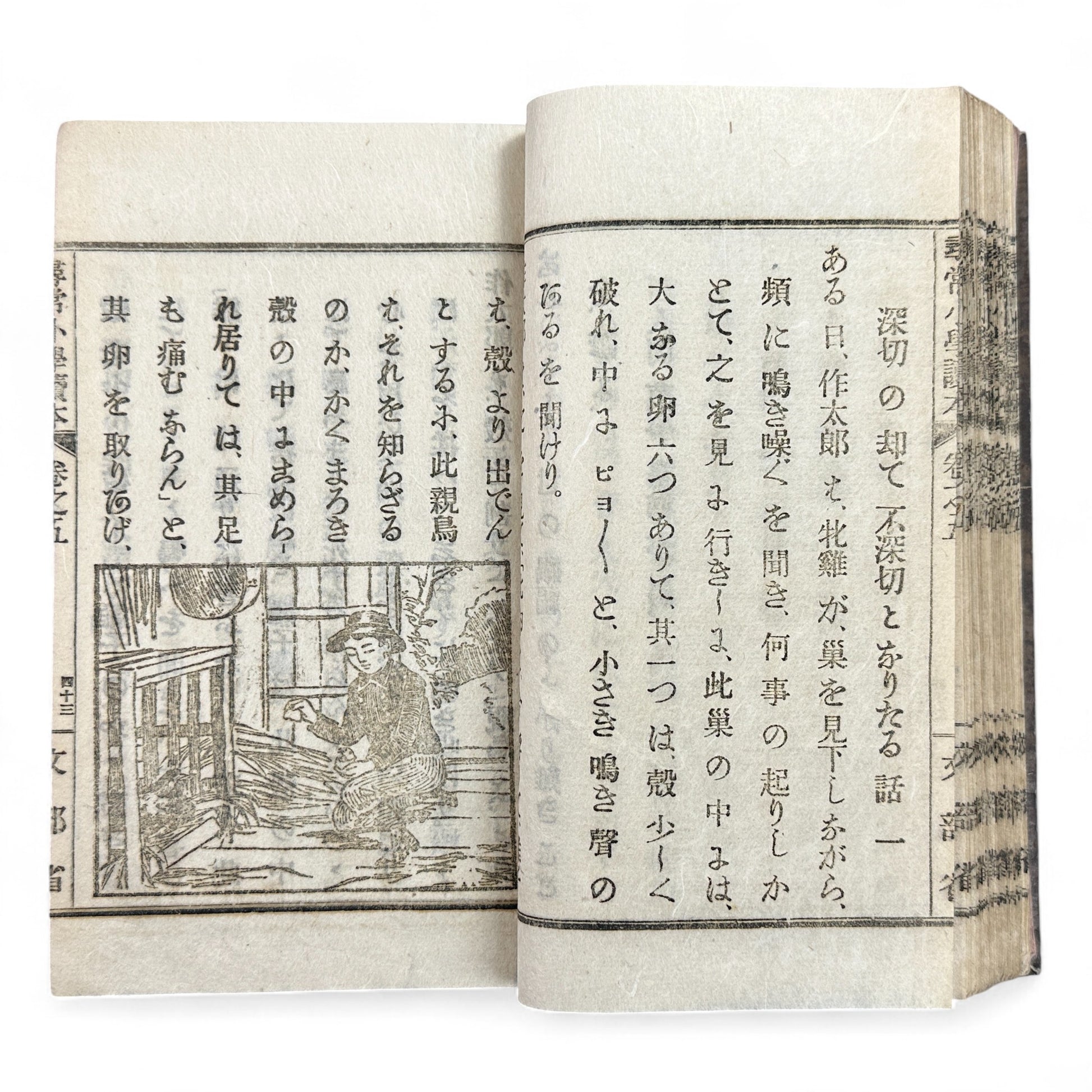 Meiji 1899 Japanese elementary school reader Jinjō Shōgaku Tokuhon Vol. 5 Ministry of Education pink cover with woodblock illustrations and washi pages.