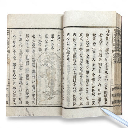 Meiji 1899 Japanese elementary school reader Jinjō Shōgaku Tokuhon Vol. 5 Ministry of Education pink cover with woodblock illustrations and washi pages.