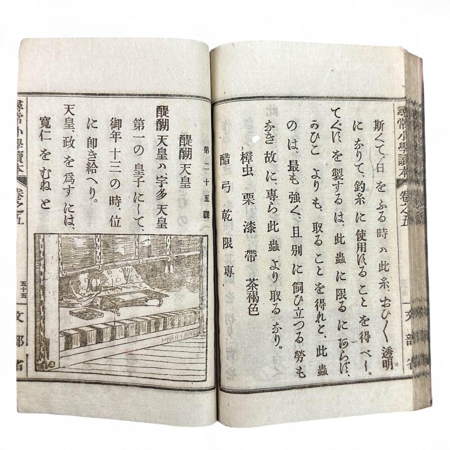 Meiji 1899 Japanese elementary school reader Jinjō Shōgaku Tokuhon Vol. 5 Ministry of Education pink cover with woodblock illustrations and washi pages.