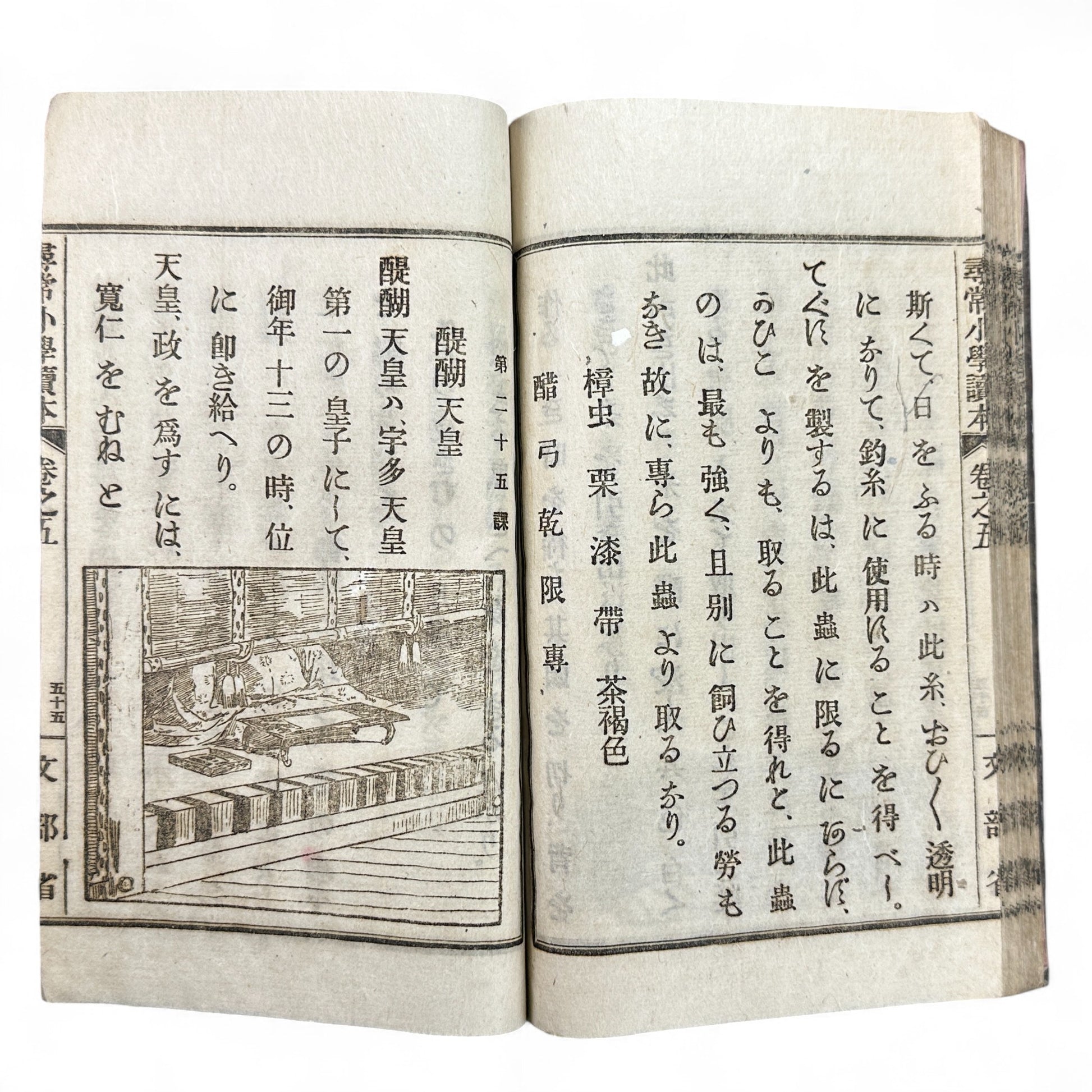 Meiji 1899 Japanese elementary school reader Jinjō Shōgaku Tokuhon Vol. 5 Ministry of Education pink cover with woodblock illustrations and washi pages.