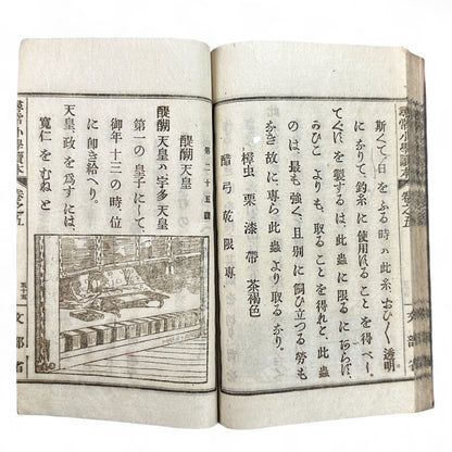 Meiji 1899 Japanese elementary school reader Jinjō Shōgaku Tokuhon Vol. 5 Ministry of Education pink cover with woodblock illustrations and washi pages.