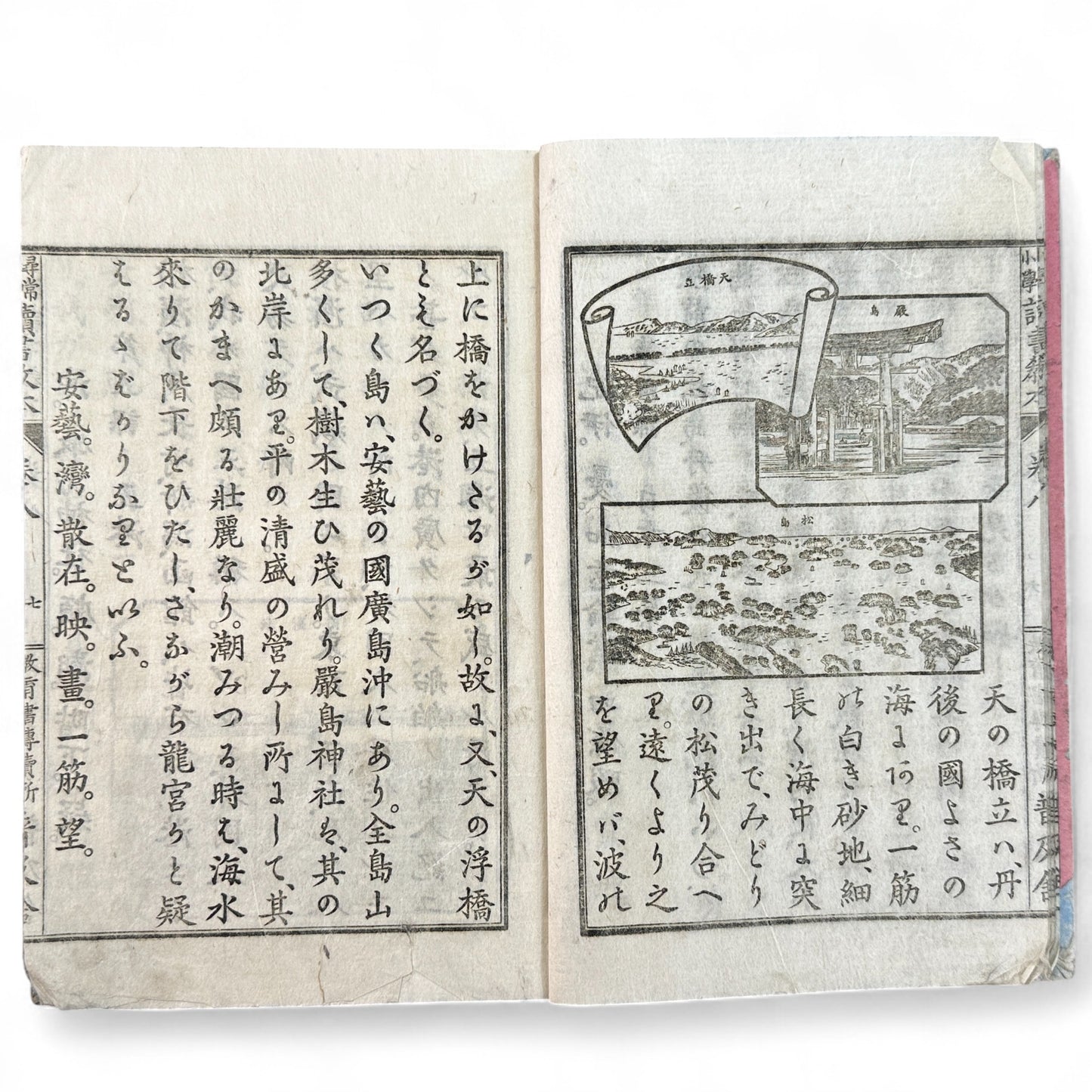 Meiji 27 Japanese reading textbook Jinjō Shōgaku Dokusho Kyōhon Volume 8, woodblock-printed pages and illustrations of coins, maps, and Meiji education scenes.