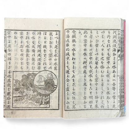 Meiji 27 Japanese reading textbook Jinjō Shōgaku Dokusho Kyōhon Volume 8, woodblock-printed pages and illustrations of coins, maps, and Meiji education scenes.