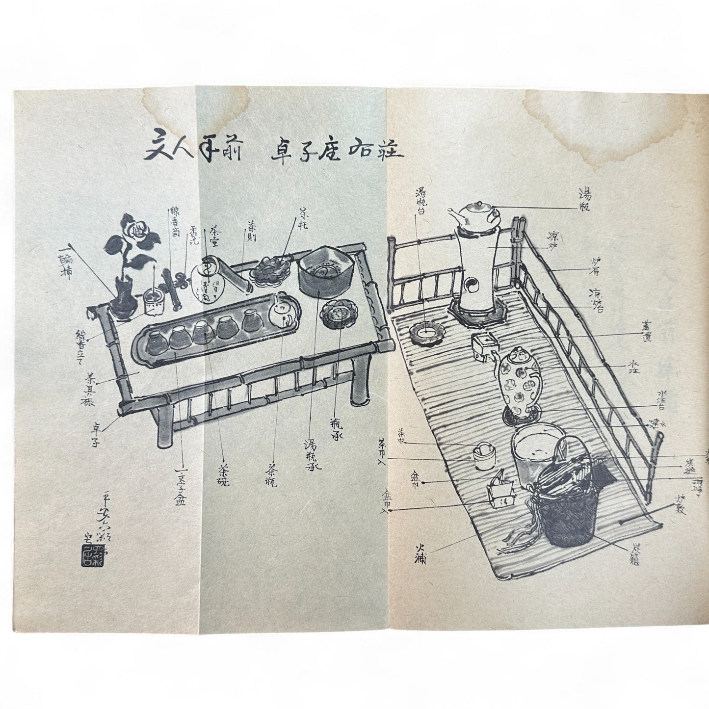 Ogawa-ryu Sencha Tea Ceremony Takujidemae Volume I, Shōwa-era Japanese tea manual with washi paper pages and fold-out diagram of table tea service.