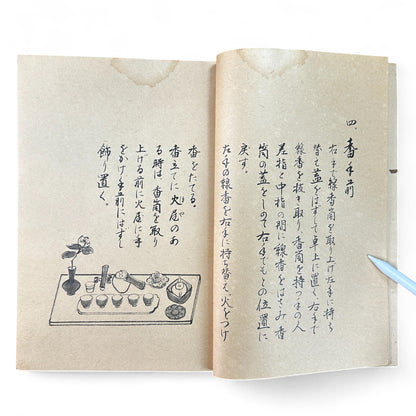 Ogawa-ryu Sencha Tea Ceremony Takujidemae Volume I, Shōwa-era Japanese tea manual with washi paper pages and fold-out diagram of table tea service.