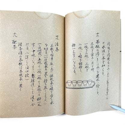 Ogawa-ryu Sencha Tea Ceremony Takujidemae Volume I, Shōwa-era Japanese tea manual with washi paper pages and fold-out diagram of table tea service.