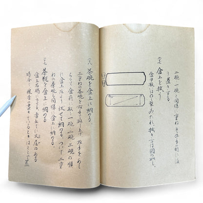 Ogawa-ryu Sencha Tea Ceremony Takujidemae Volume I, Shōwa-era Japanese tea manual with washi paper pages and fold-out diagram of table tea service.