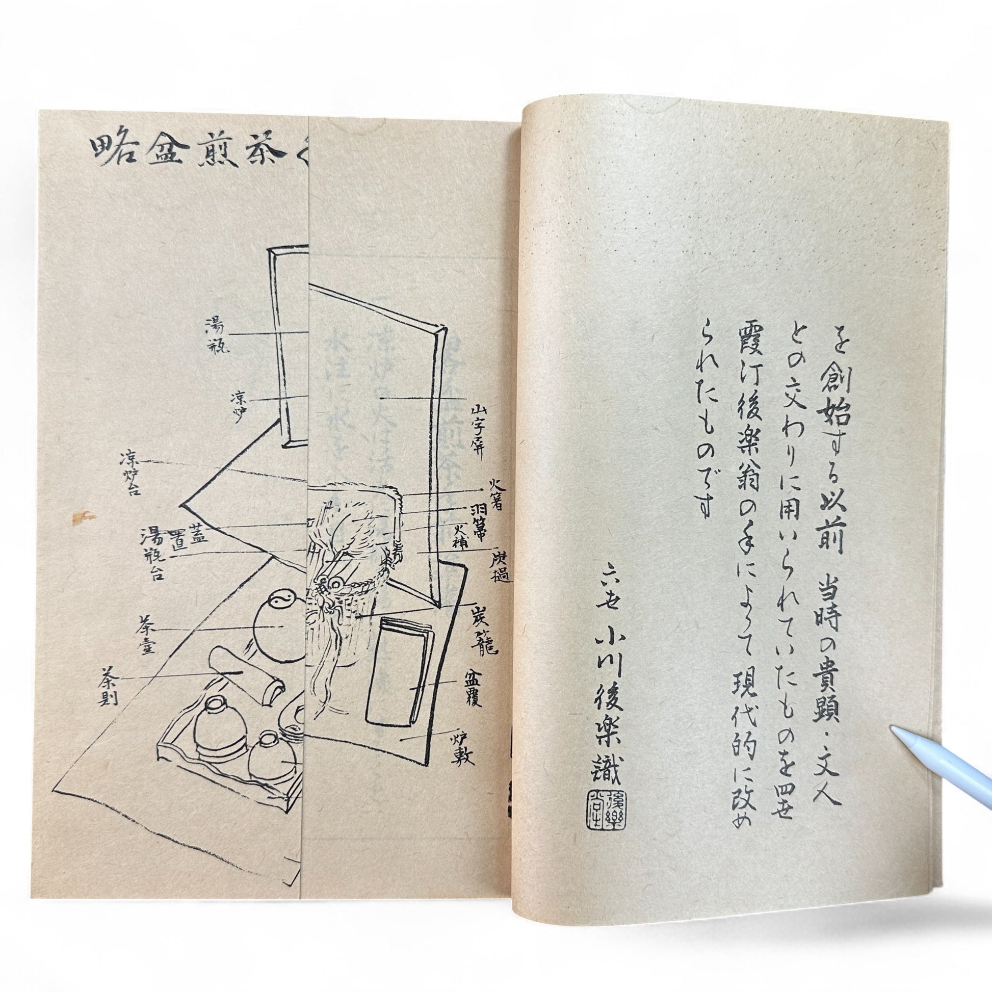 Ogawa-ryu Sencha Tea Ceremony Manual Volume 3 Ryakubon Temae I, 1949 Japanese tea manual by Ogawa Kōraku, Kyoto Ogawa Kōrakudō, fold-out diagram of tray tea ceremony.