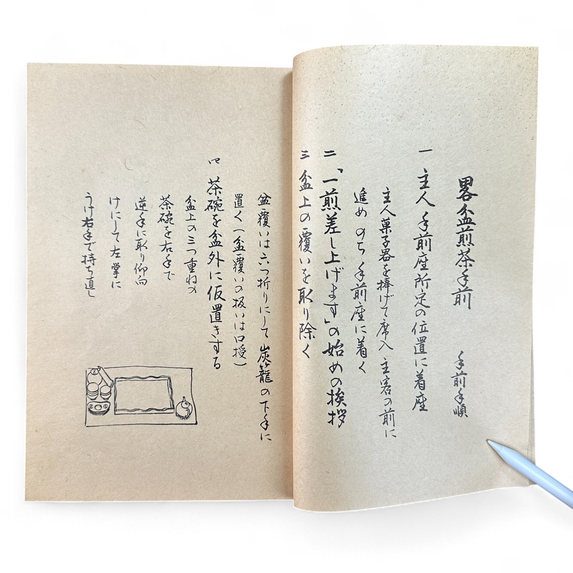 Ogawa-ryu Sencha Tea Ceremony Manual Volume 3 Ryakubon Temae I, 1949 Japanese tea manual by Ogawa Kōraku, Kyoto Ogawa Kōrakudō, fold-out diagram of tray tea ceremony.