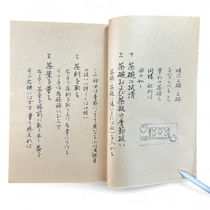 Ogawa-ryu Sencha Tea Ceremony Manual Volume 3 Ryakubon Temae I, 1949 Japanese tea manual by Ogawa Kōraku, Kyoto Ogawa Kōrakudō, fold-out diagram of tray tea ceremony.