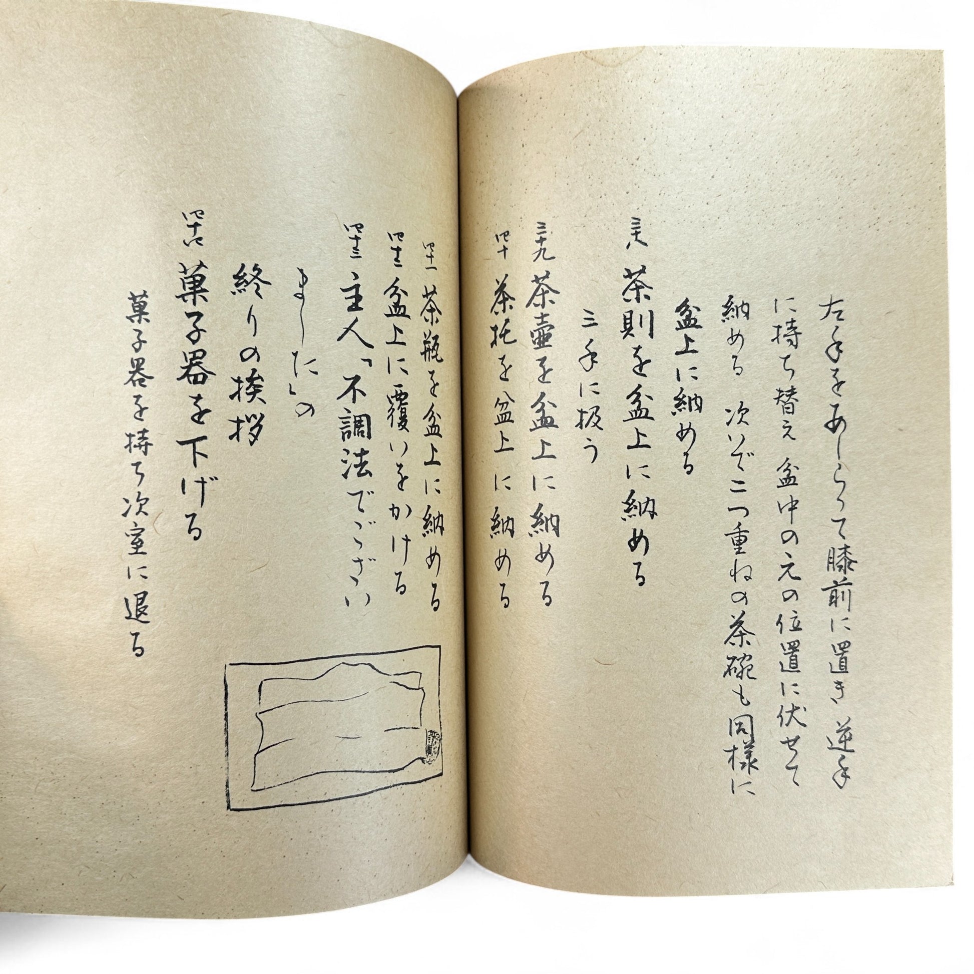 Ogawa-ryu Sencha Tea Ceremony Manual Volume 3 Ryakubon Temae I, 1949 Japanese tea manual by Ogawa Kōraku, Kyoto Ogawa Kōrakudō, fold-out diagram of tray tea ceremony.