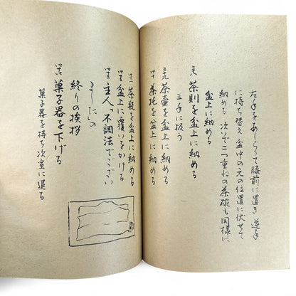 Ogawa-ryu Sencha Tea Ceremony Manual Volume 3 Ryakubon Temae I, 1949 Japanese tea manual by Ogawa Kōraku, Kyoto Ogawa Kōrakudō, fold-out diagram of tray tea ceremony.