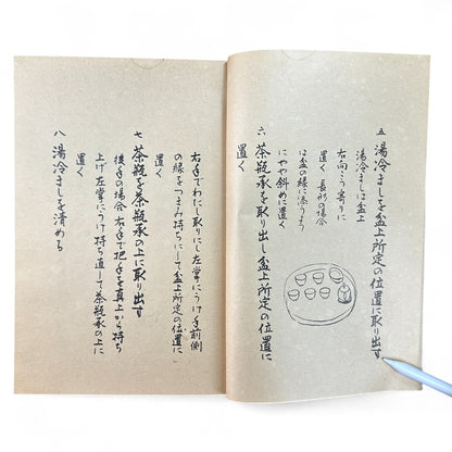Ogawa-ryu Sencha Tea Ceremony Manual Volume 2 Gai-bon Temae II Gyokuro Temae, 1949 Japanese tea manual by Ogawa Kōraku Kyoto Ogawa Kōrakudō, with fold-out diagram of gyokuro tea service.