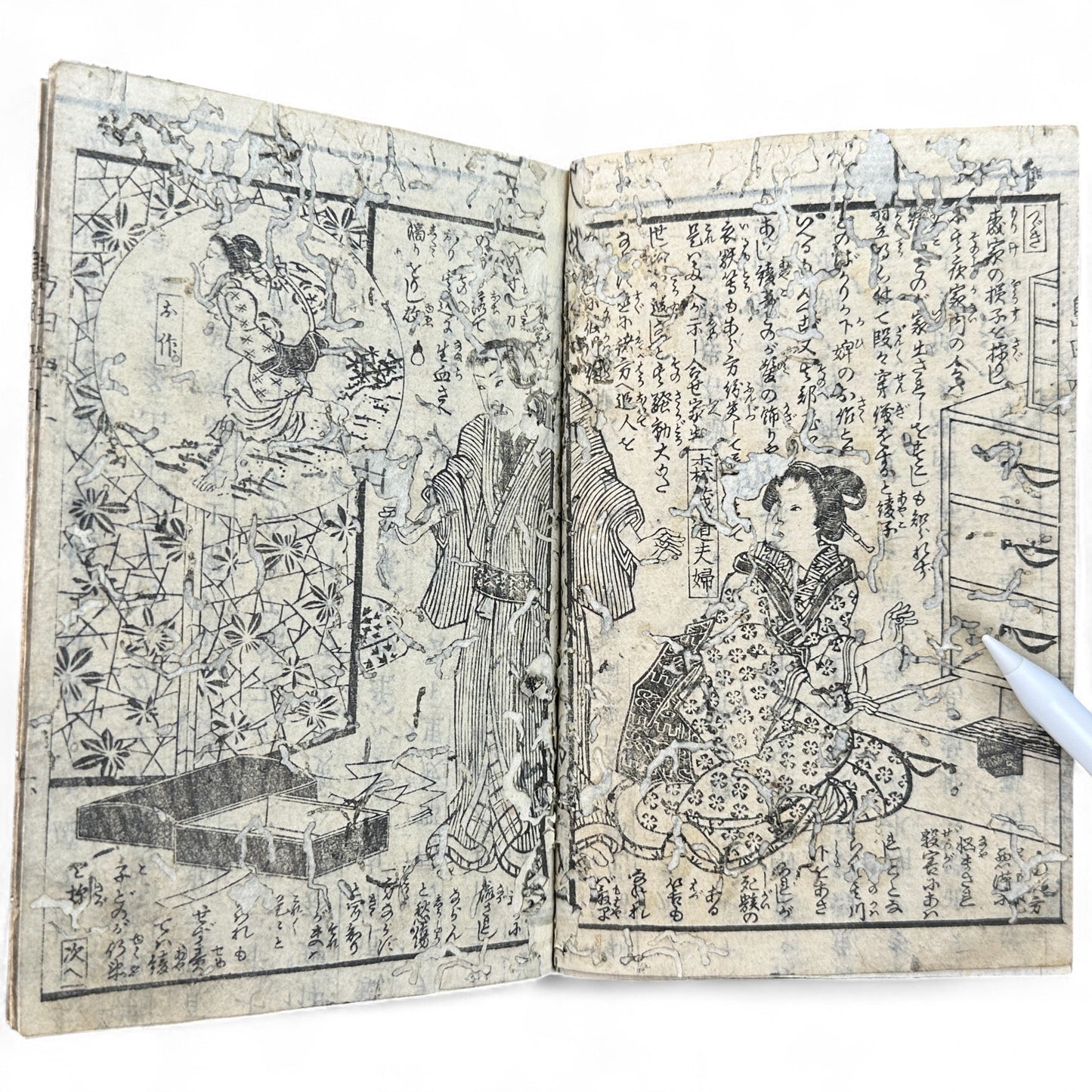 Meiji-era Japanese woodblock-printed book with Kabuki actor illustration, hand-colored cover with sunrise, interior ukiyo-e scenes, and traditional Japanese text.