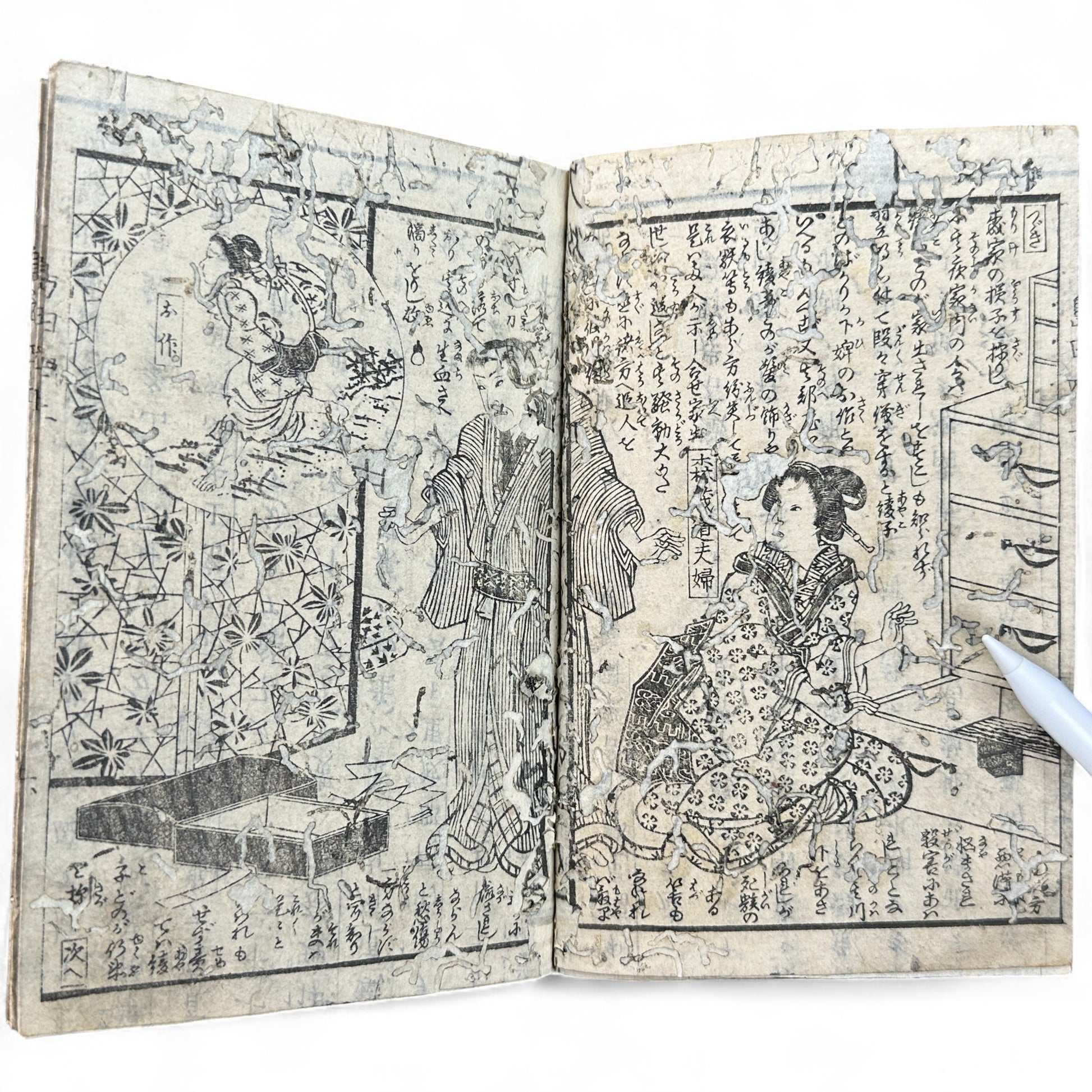 Meiji-era Japanese woodblock-printed book with Kabuki actor illustration, hand-colored cover with sunrise, interior ukiyo-e scenes, and traditional Japanese text.