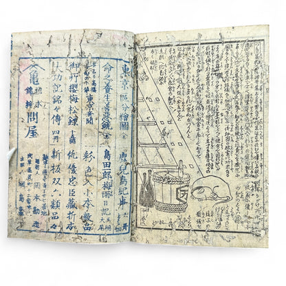 Meiji-era Japanese woodblock-printed book with Kabuki actor illustration, hand-colored cover with sunrise, interior ukiyo-e scenes, and traditional Japanese text.