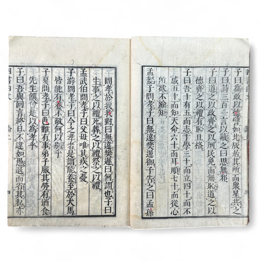 Edo-period Japanese Confucian book The Four Books Analects (四書白文論語), woodblock-printed in classical Chinese characters on washi paper, with red title label and traditional binding.