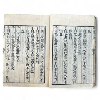 Edo-period Japanese Confucian book The Four Books Analects (四書白文論語), woodblock-printed in classical Chinese characters on washi paper, with red title label and traditional binding.