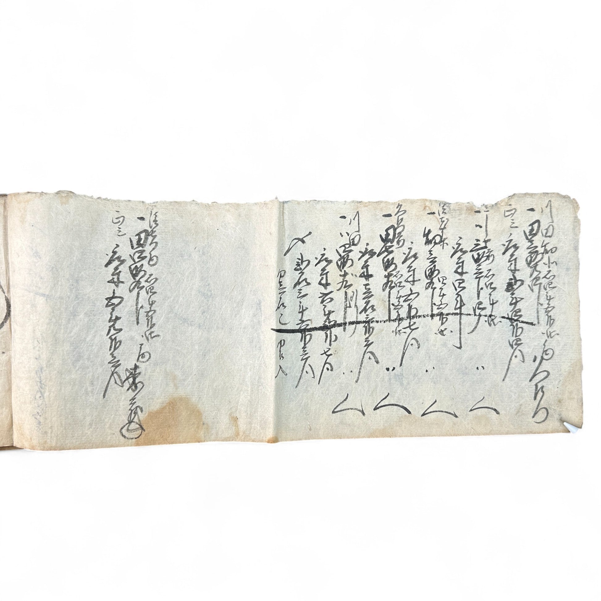 Edo-period Japanese handwritten merchant ledger (帳簿) in kuzushiji script, ink on washi paper, used for rice trade accounting, circa 1850.