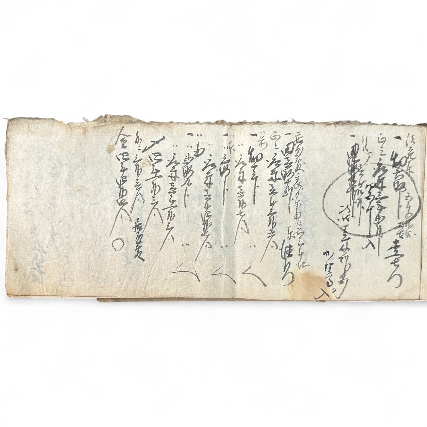 Edo-period Japanese handwritten merchant ledger (帳簿) in kuzushiji script, ink on washi paper, used for rice trade accounting, circa 1850.