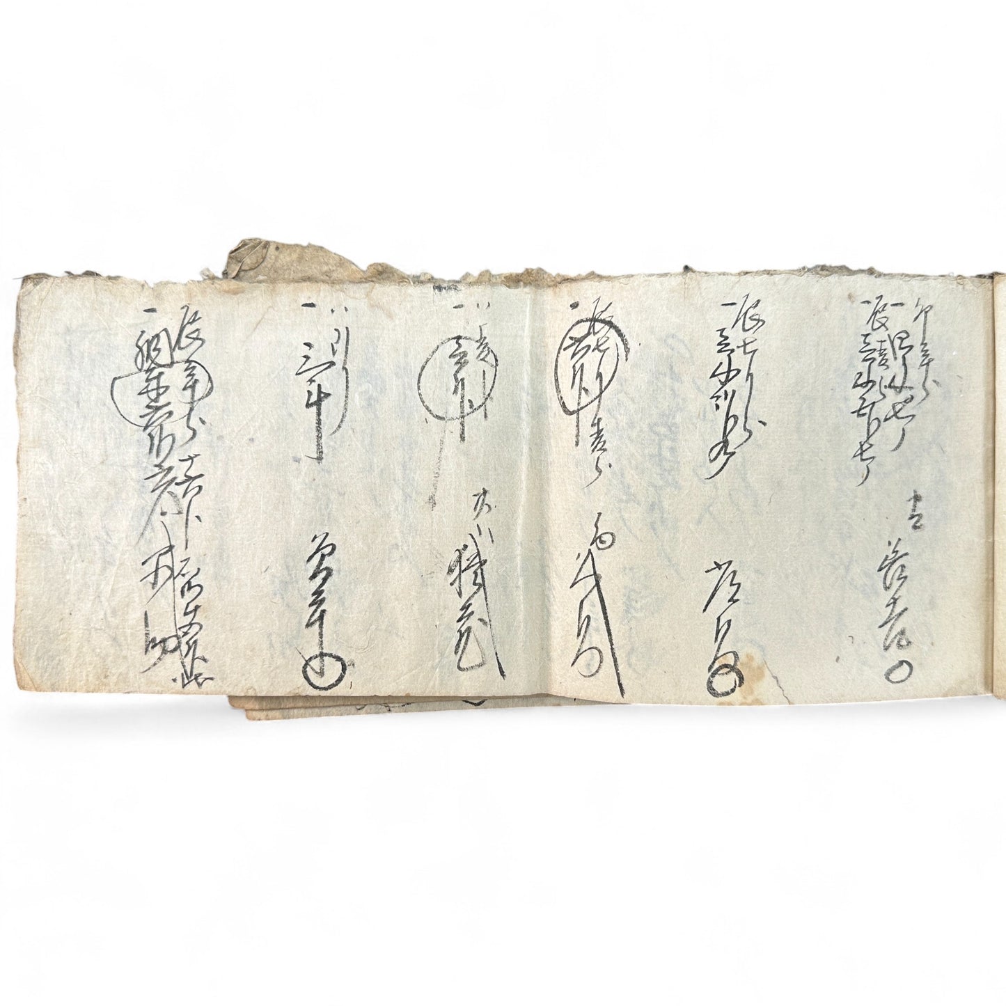Edo-period Japanese handwritten merchant ledger (帳簿) in kuzushiji script, ink on washi paper, used for rice trade accounting, circa 1850.