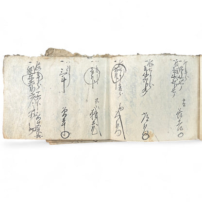 Edo-period Japanese handwritten merchant ledger (帳簿) in kuzushiji script, ink on washi paper, used for rice trade accounting, circa 1850.