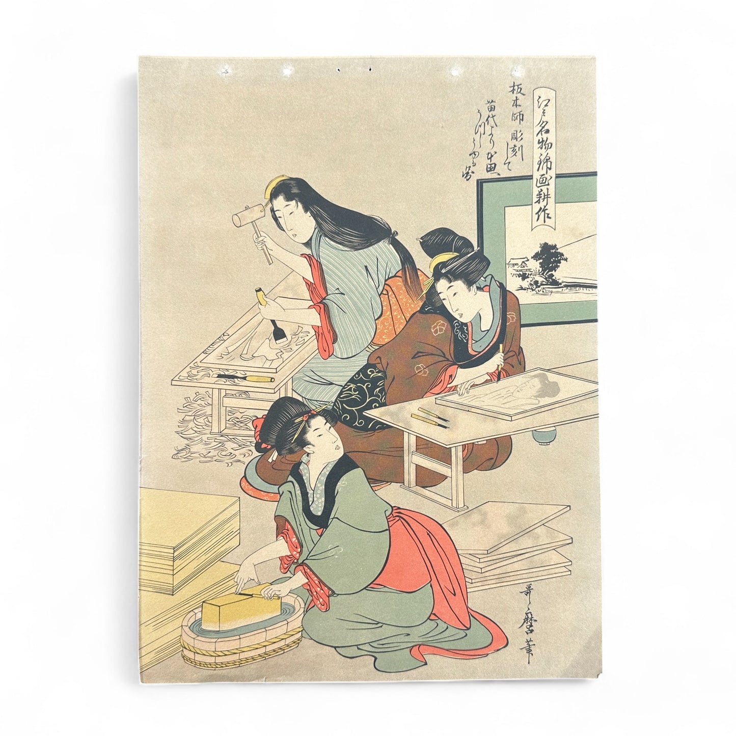 Utamaro woodblock print depicting women artisans making ukiyo-e, Edo Meibutsu Fujin Shokunin, traditional Japanese print reproduction on washi paper.