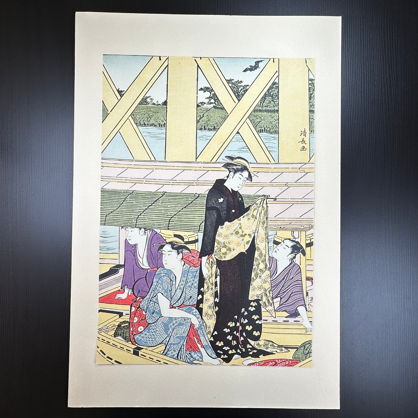 Kiyonaga ukiyo-e Ryogoku Bridge – 鳥居清長 – Women on Boat Edo Japanese woodblock print reproduction