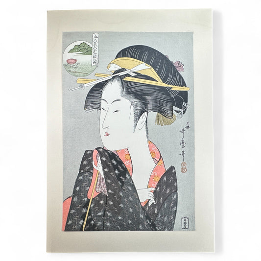 Utamaro Standing Beauty with Fan – 喜多川歌麿 – Edo bijin-ga Japanese woodblock print reproduction