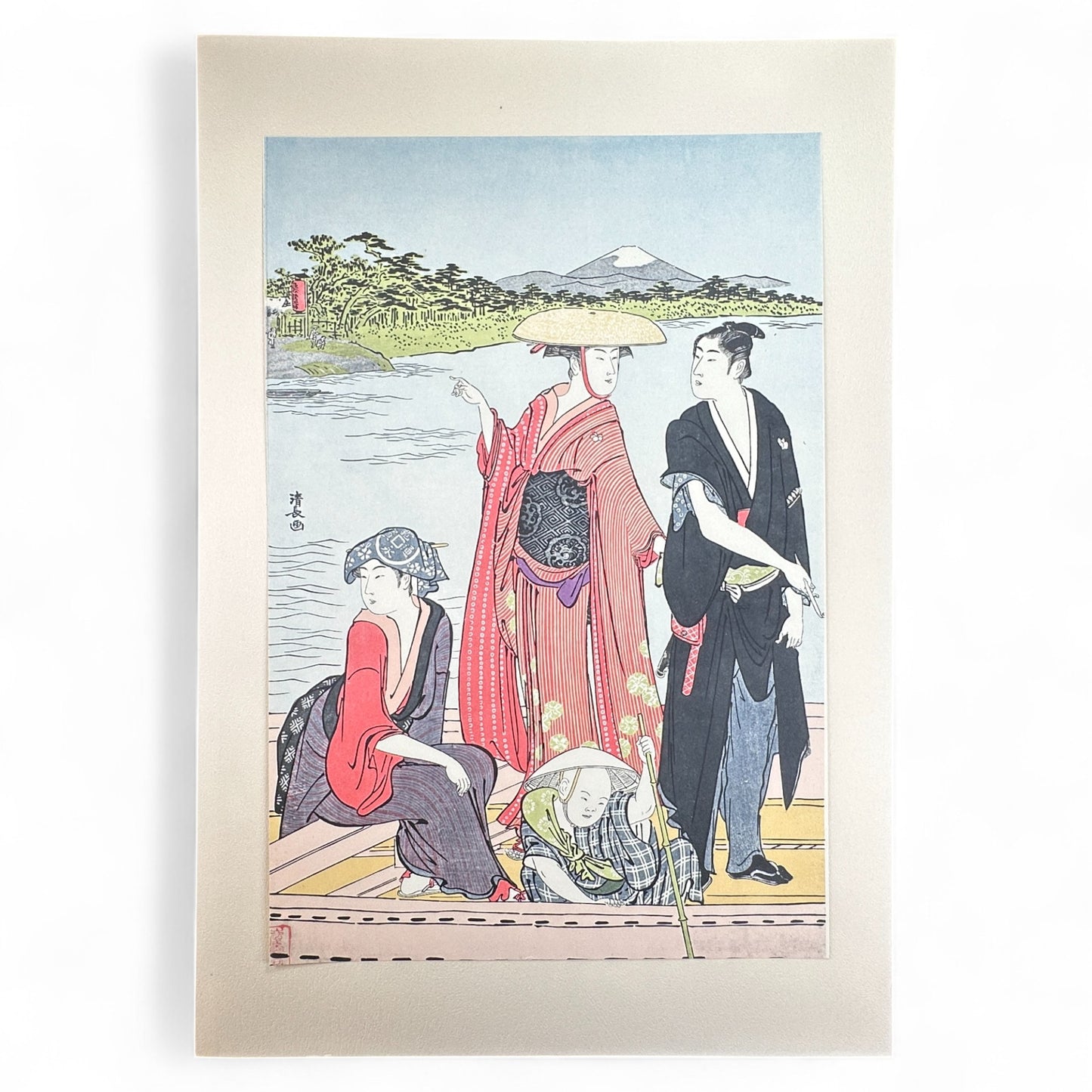 Kiyonaga Edo Riverside Scene with Mount Fuji – 鳥居清長 – Japanese woodblock print reproduction Ukiyo-e