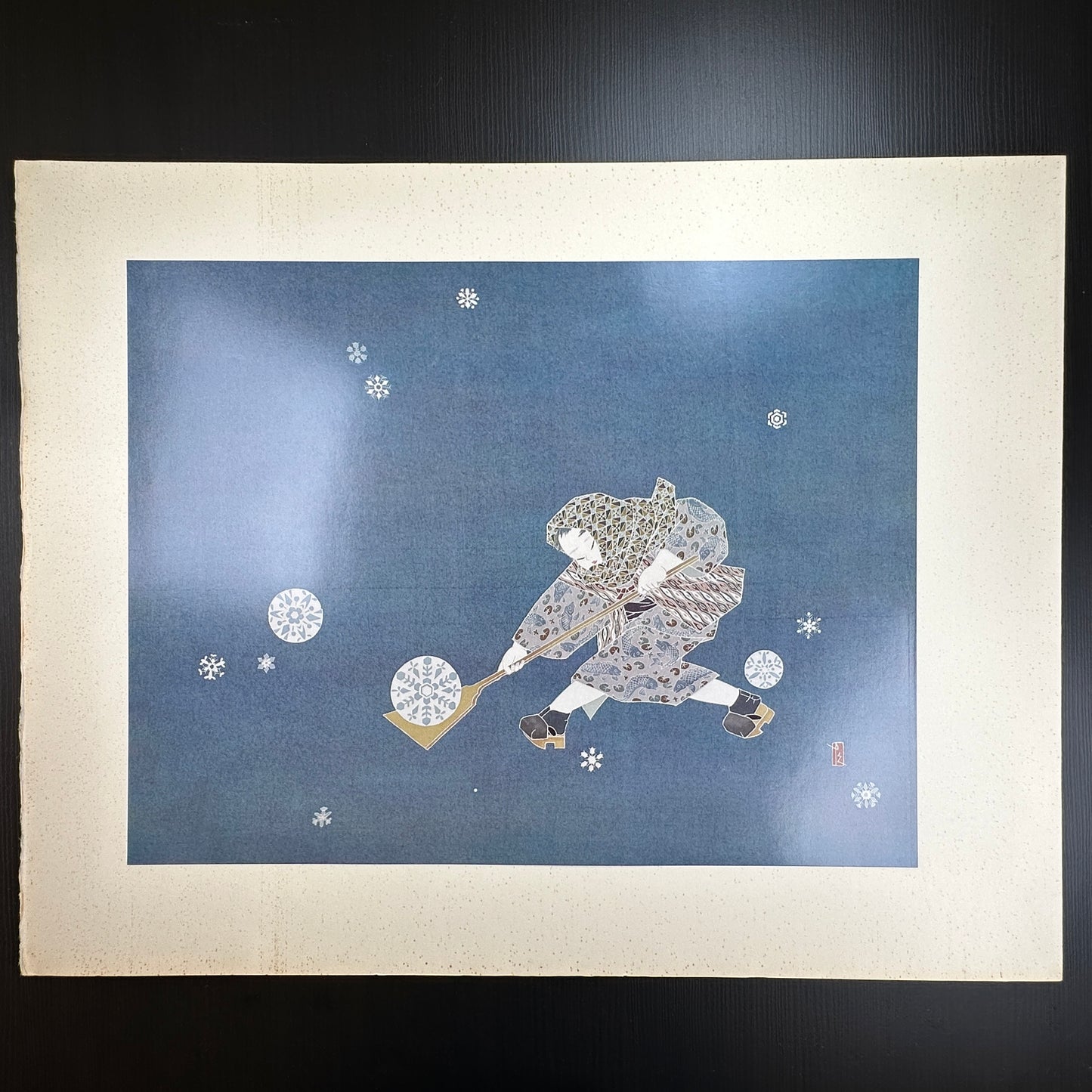 Yusui Toku Unai series 1978 Showa limited edition Japanese woodblock print – Kaga Yuzen style winter snow scene on washi