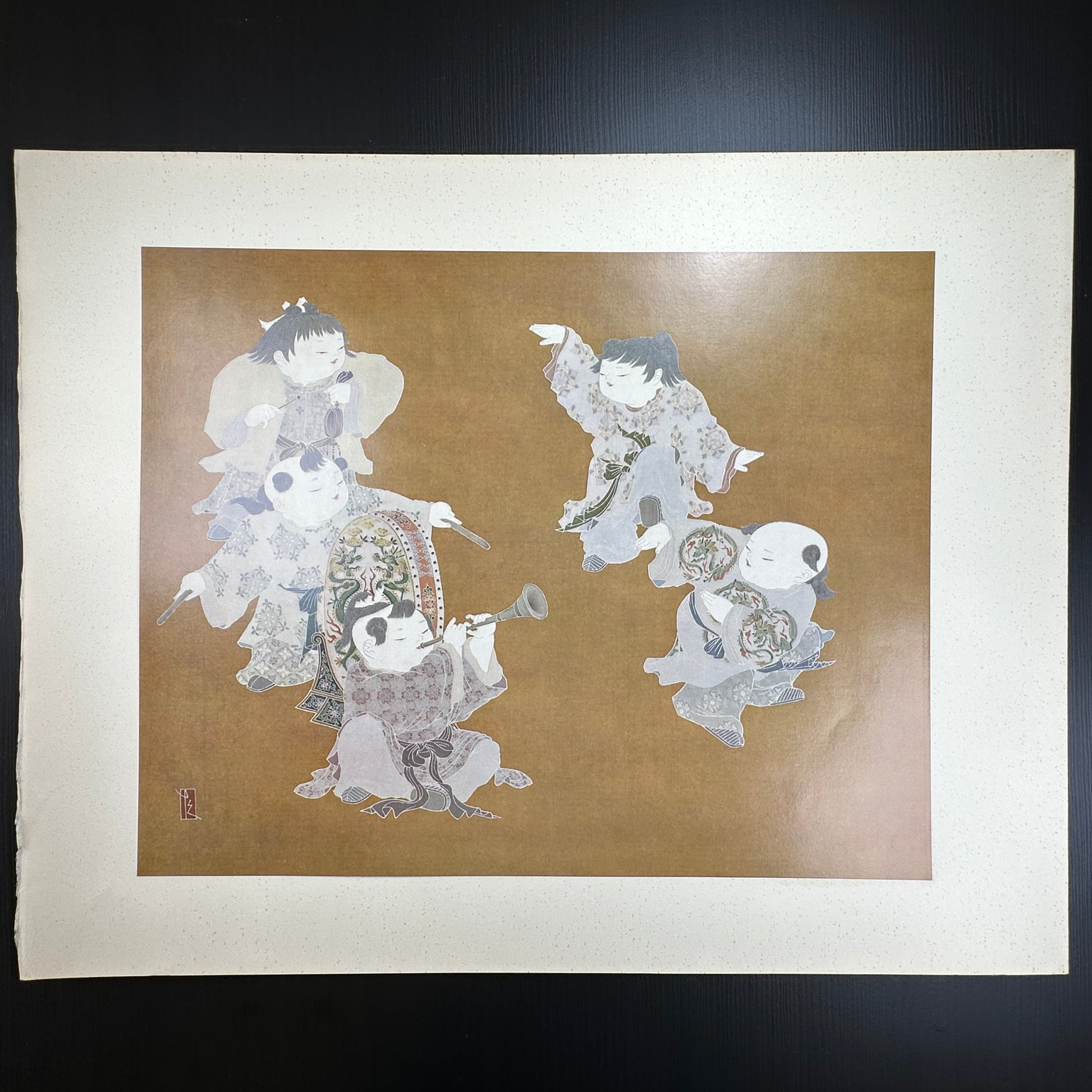 Yusui Toku Unai Series Gaku 楽 Joy 1978 Showa Japanese woodblock print of children dancing with instruments, Kaga Yuzen style, printed on washi paper