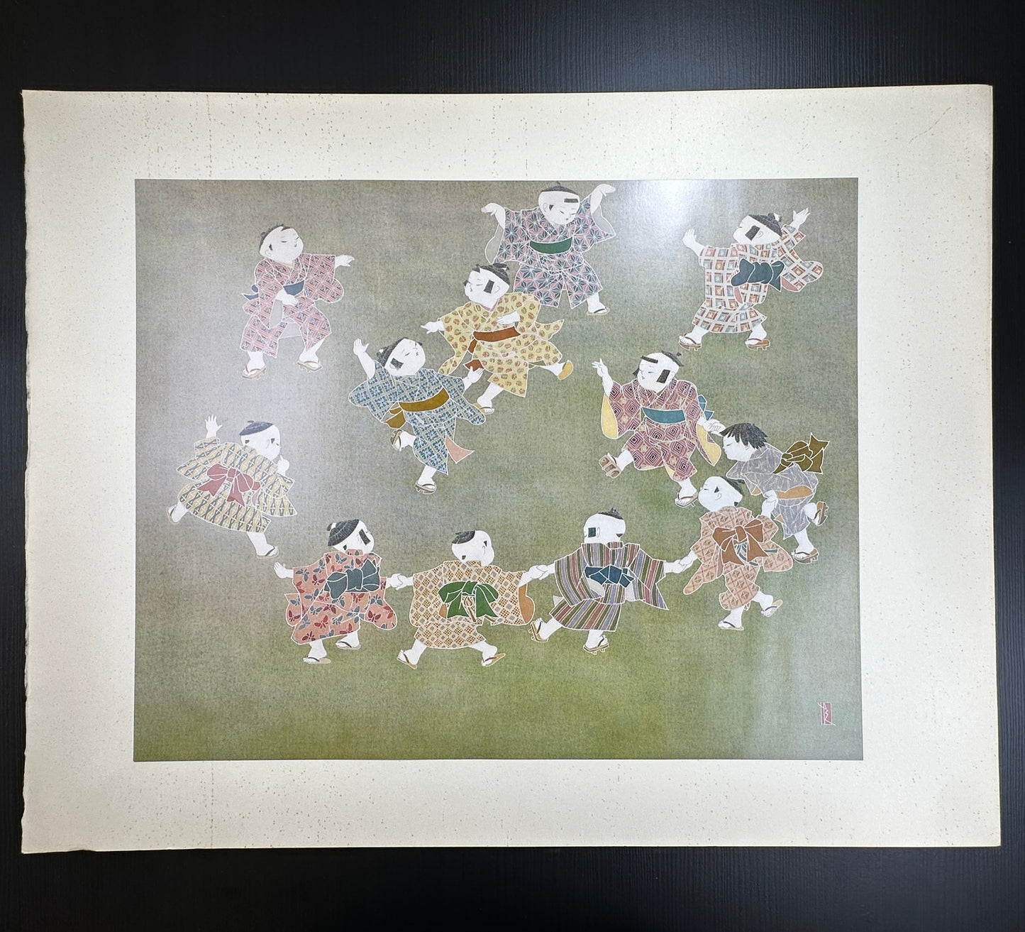 Yusui Toku Unai Series Kon Genzai Seppō 今現在説法 1978 Showa Japanese woodblock print of children dancing in a circle, Buddhist present teaching theme, Kaga Yuzen style on washi paper