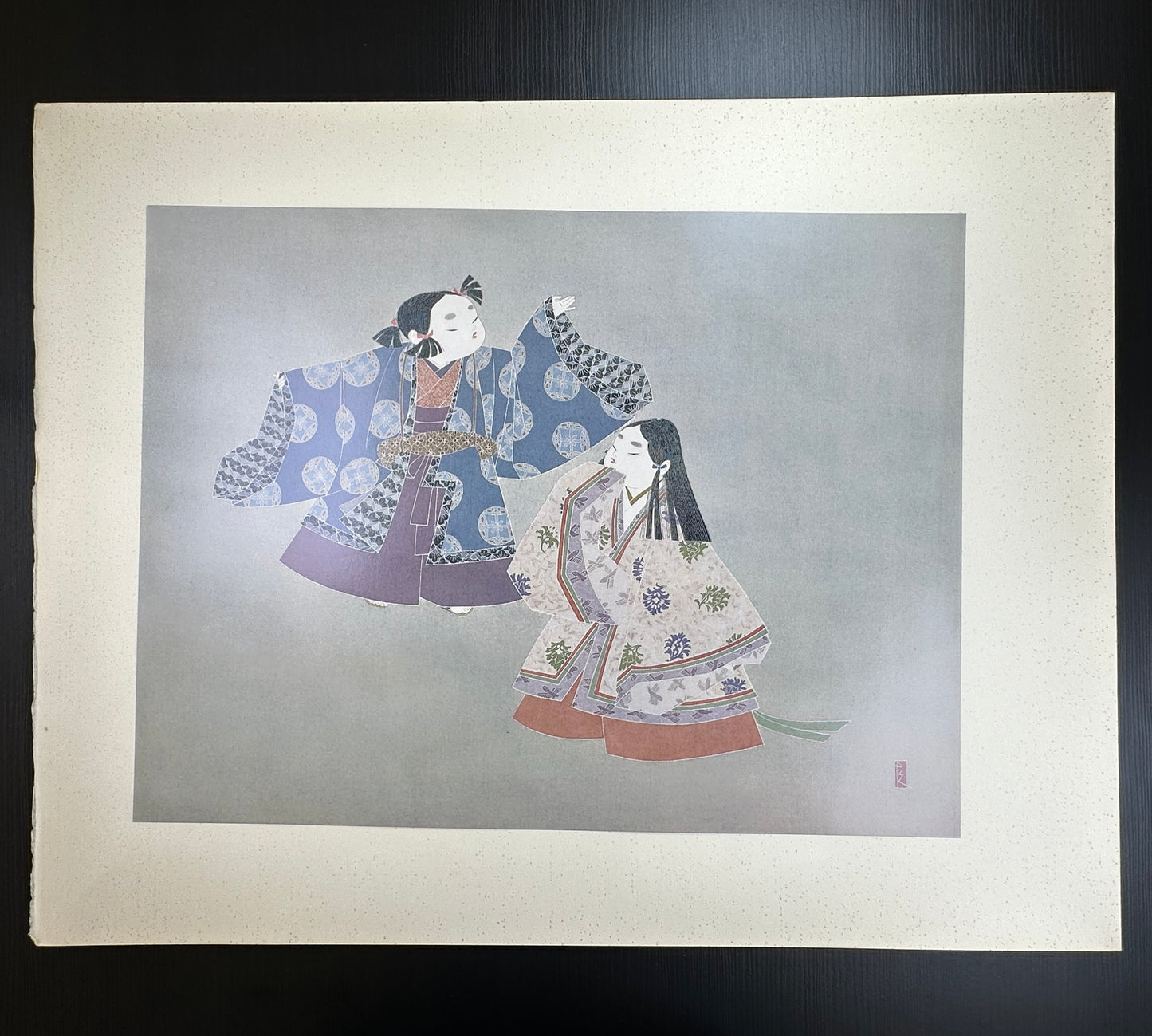 Yusui Toku Unai Series Unanoko うなの児 1978 Showa Japanese woodblock print, children in Heian-era robes, Manyoshu inspired, Kaga Yuzen textile design, washi paper