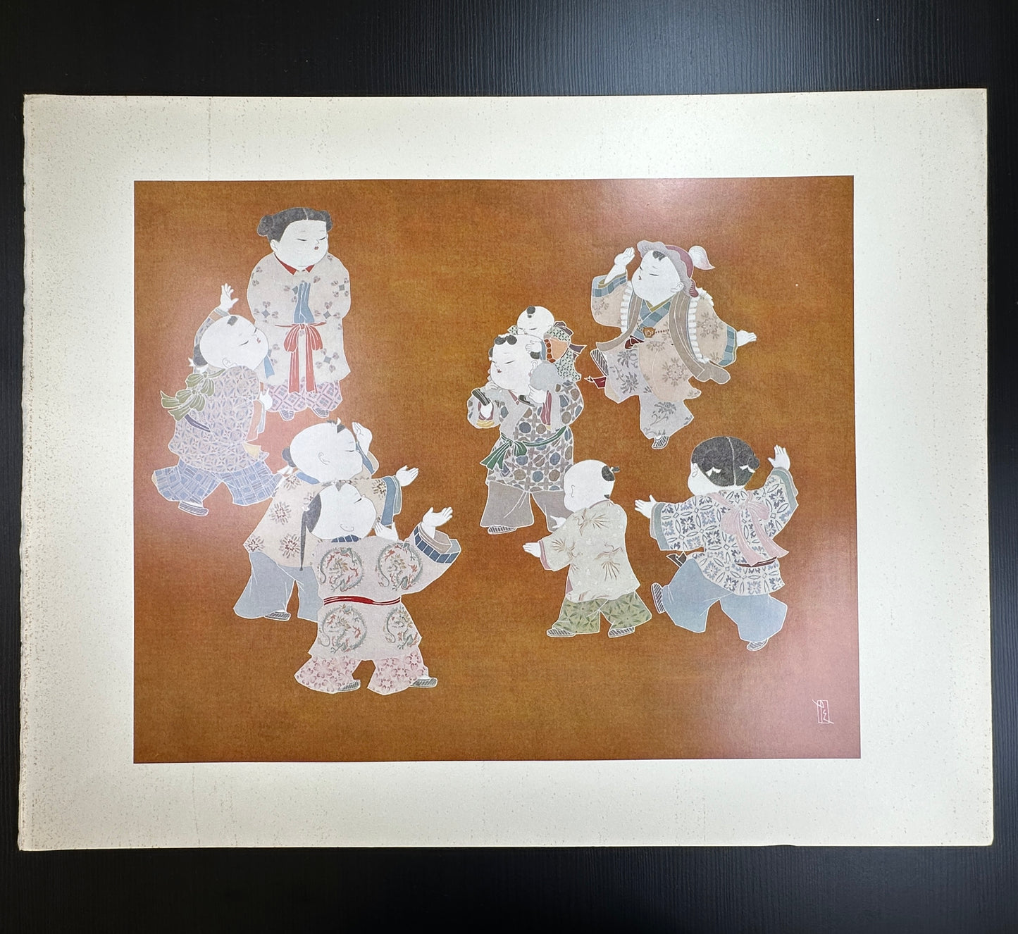 Yusui Toku Unai Series Karako 唐子 1978 Showa Japanese woodblock print, children playing, traditional kimono, Kaga Yuzen style on washi paper