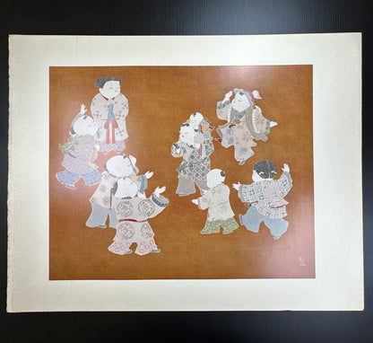Yusui Toku Unai Series Karako 唐子 1978 Showa Japanese woodblock print, children playing, traditional kimono, Kaga Yuzen style on washi paper