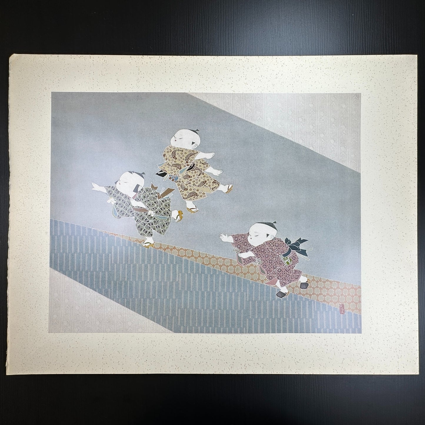 Yusui Toku Unai Series Danki Giku 1978 Showa Era Kaga Yuzen Japanese art print of children dancing on washi paper limited edition