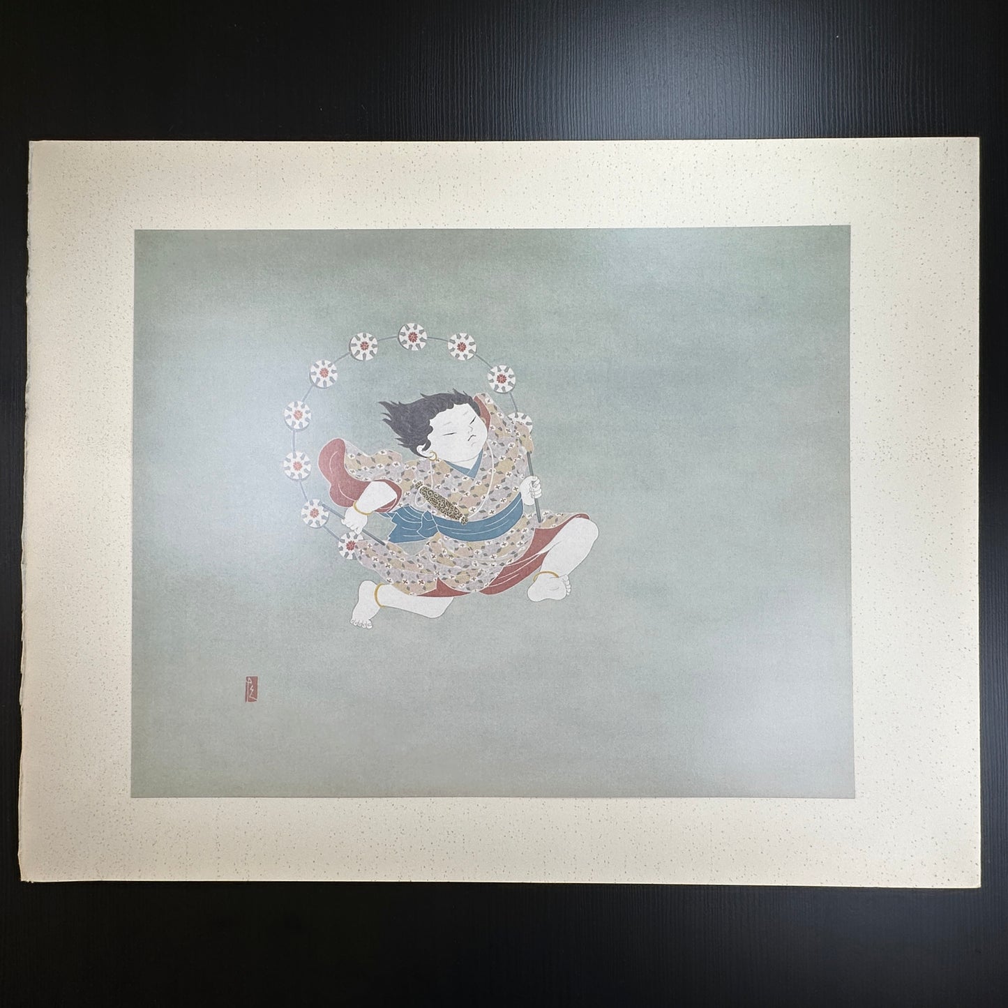 Yusui Toku Unai Series Kaminari 1978 Showa Era Kaga Yuzen Japanese art print of child dancing with thunder motif on washi paper limited edition