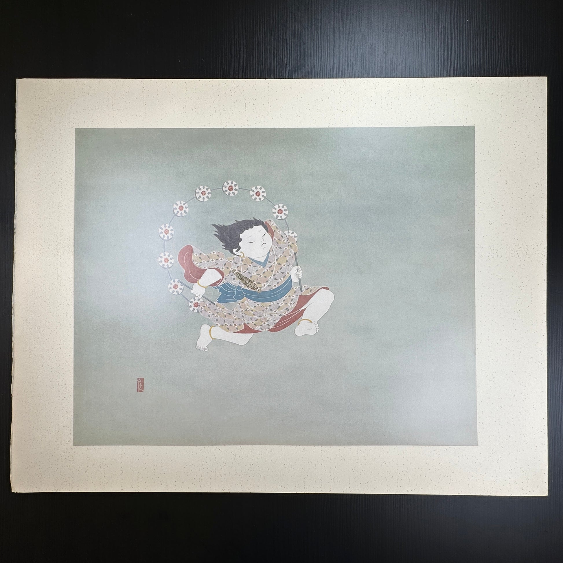 Yusui Toku Unai Series Kaminari 1978 Showa Era Kaga Yuzen Japanese art print of child dancing with thunder motif on washi paper limited edition
